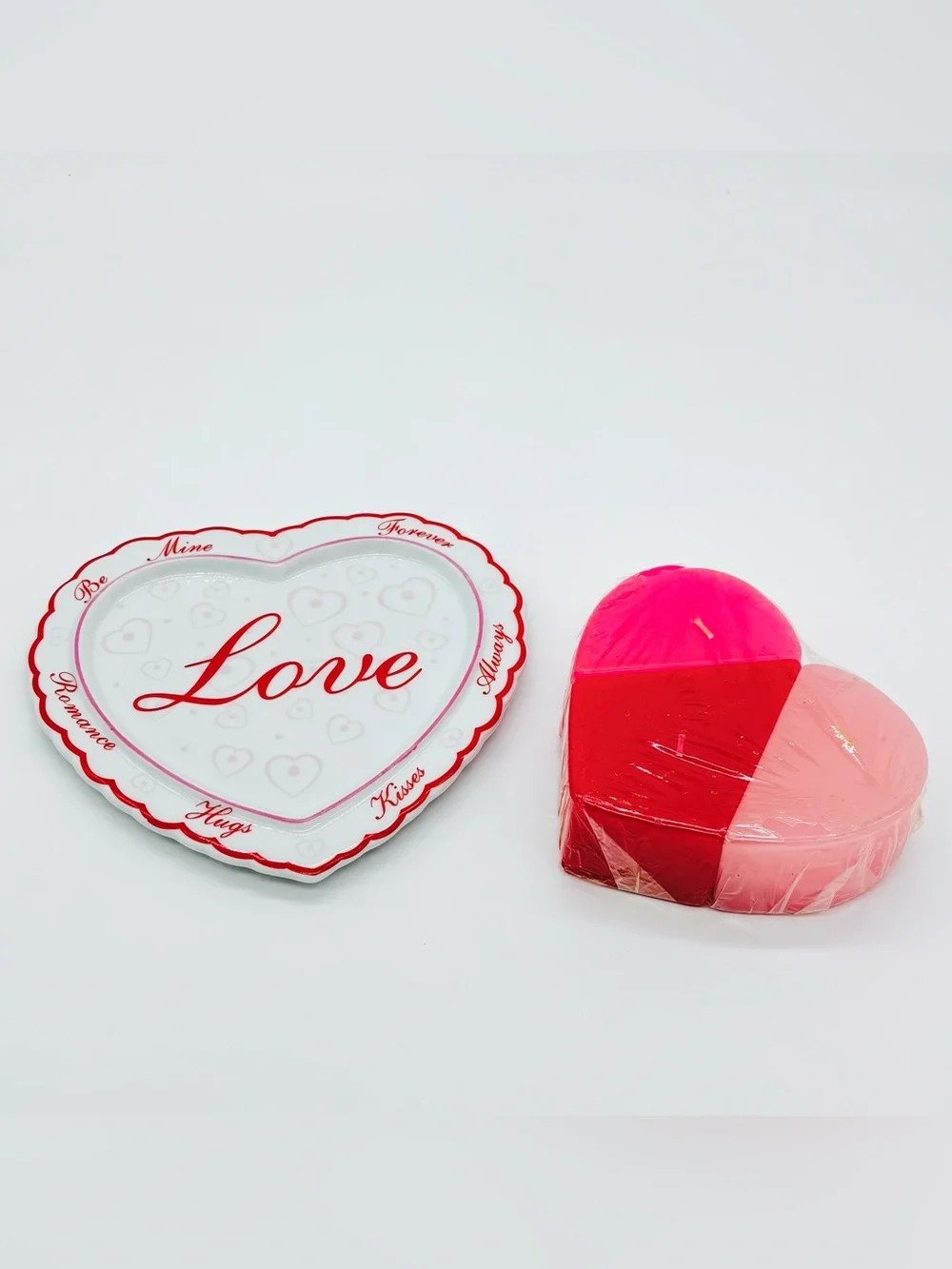 Vtg Romantic Love Heart Ceramic Tray 3 Piece Interlocking Candle Set 3D Coquette